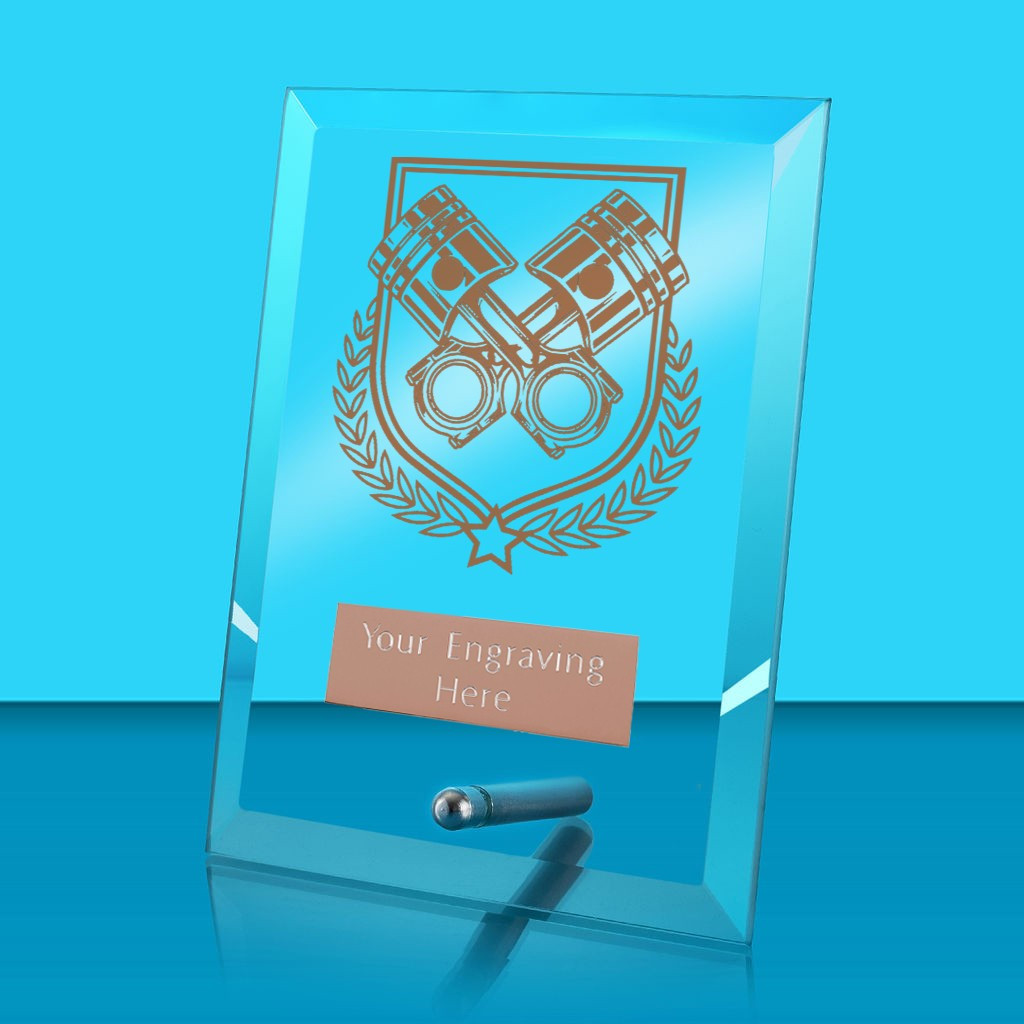 UV Colour Printed Motorsport Glass Rectangle Award with Metal Pin