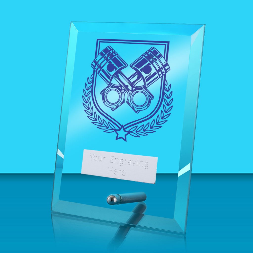 UV Colour Printed Motorsport Glass Rectangle Award with Metal Pin