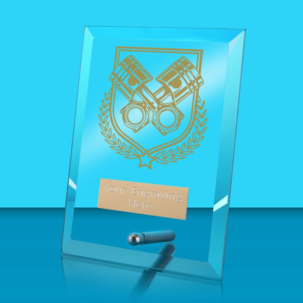 UV Colour Printed Motorsport Glass Rectangle Award with Metal Pin