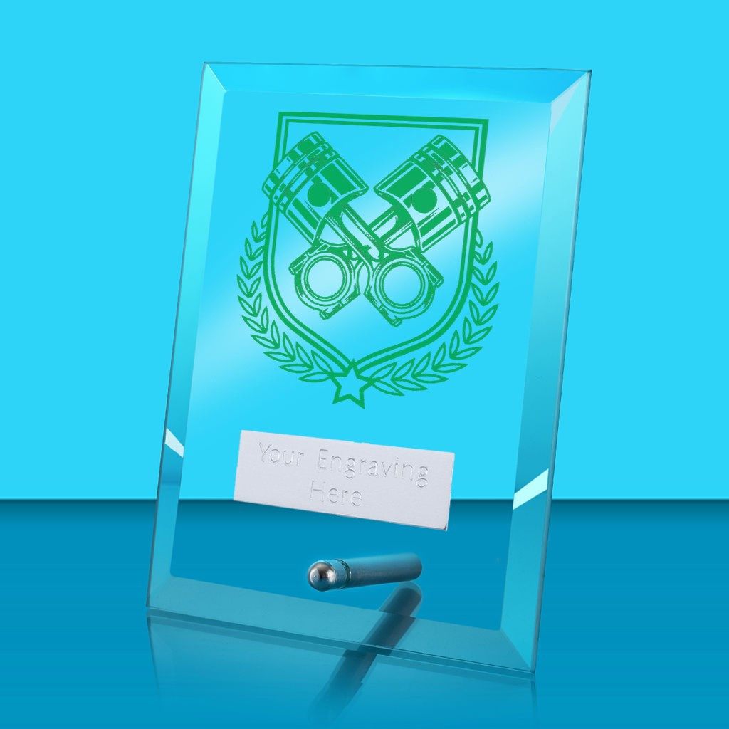 UV Colour Printed Motorsport Glass Rectangle Award with Metal Pin
