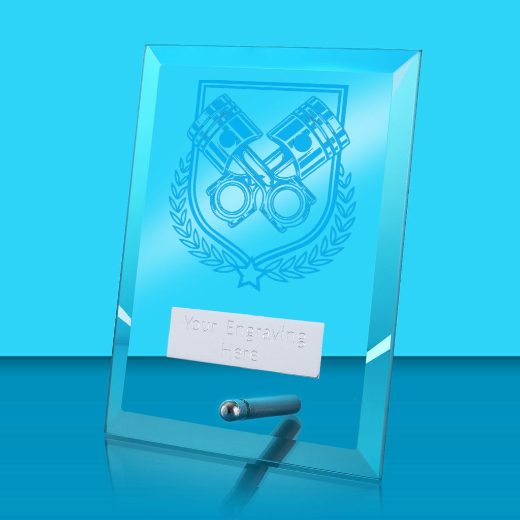 UV Colour Printed Motorsport Glass Rectangle Award with Metal Pin