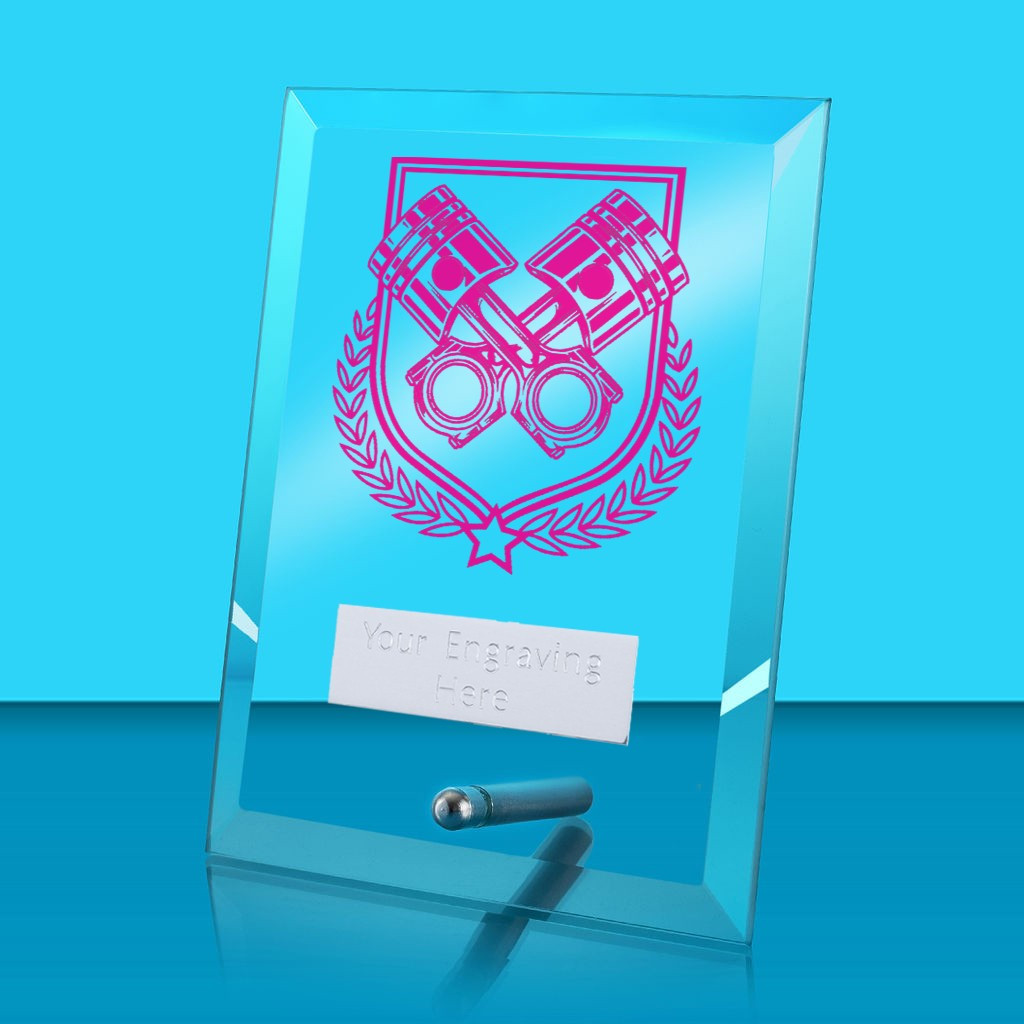 UV Colour Printed Motorsport Glass Rectangle Award with Metal Pin