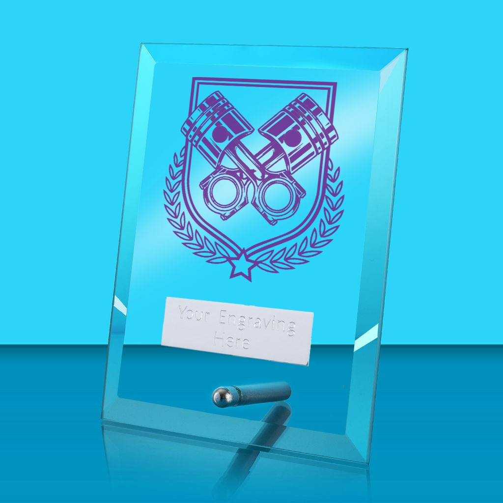 UV Colour Printed Motorsport Glass Rectangle Award with Metal Pin