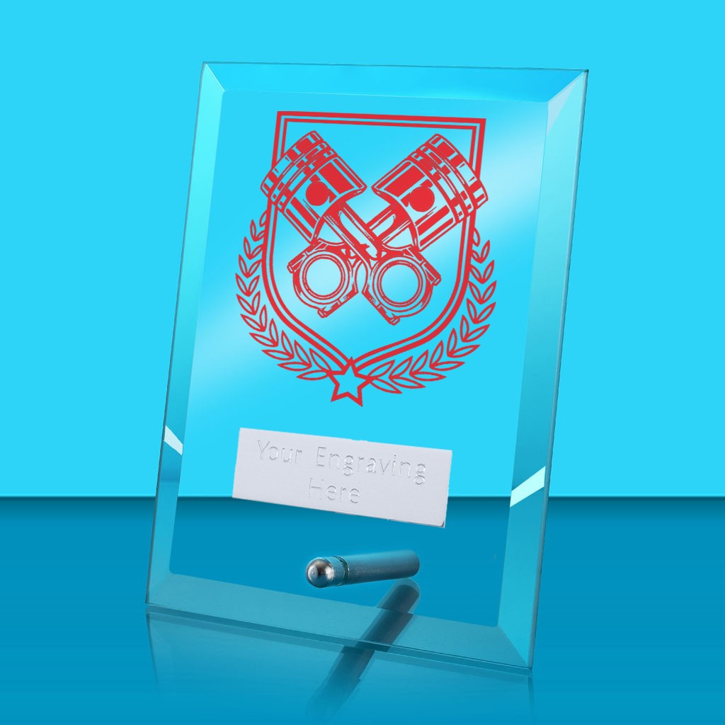 UV Colour Printed Motorsport Glass Rectangle Award with Metal Pin