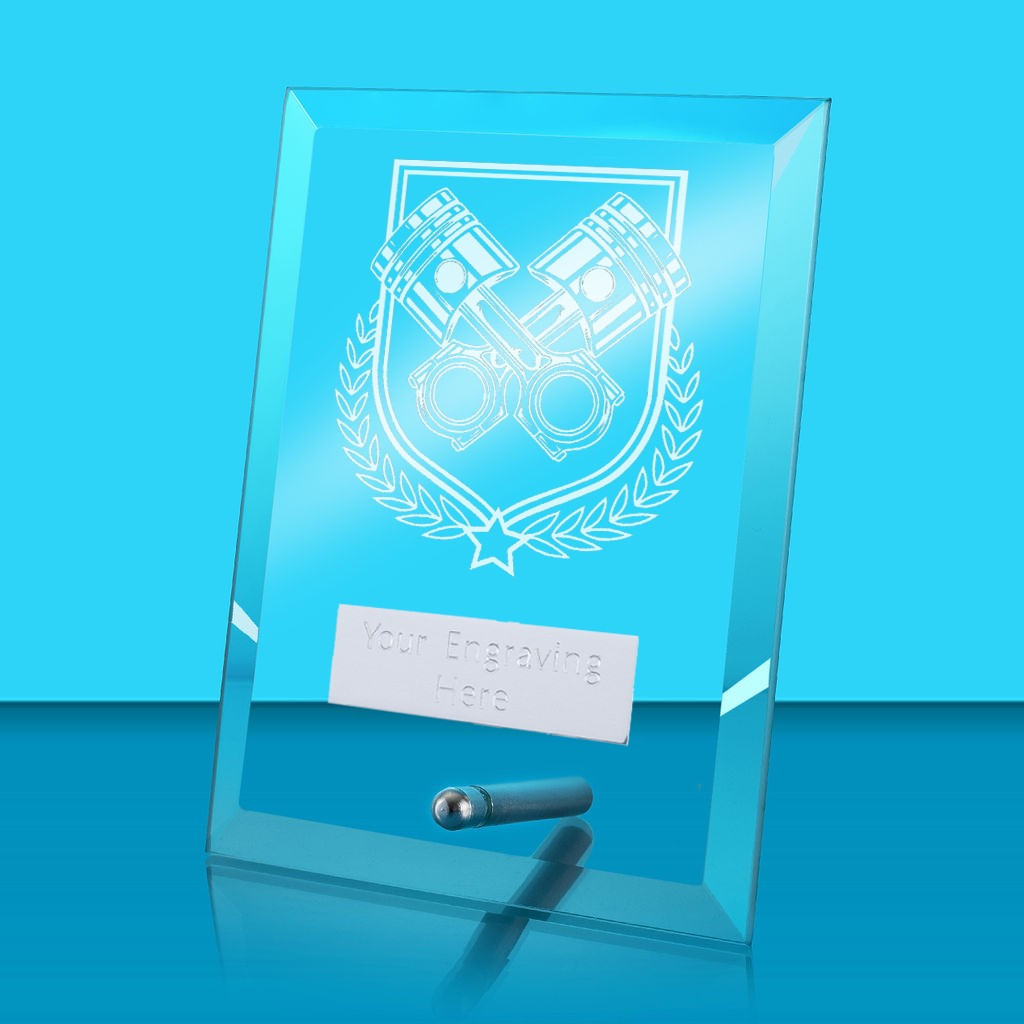 UV Colour Printed Motorsport Glass Rectangle Award with Metal Pin