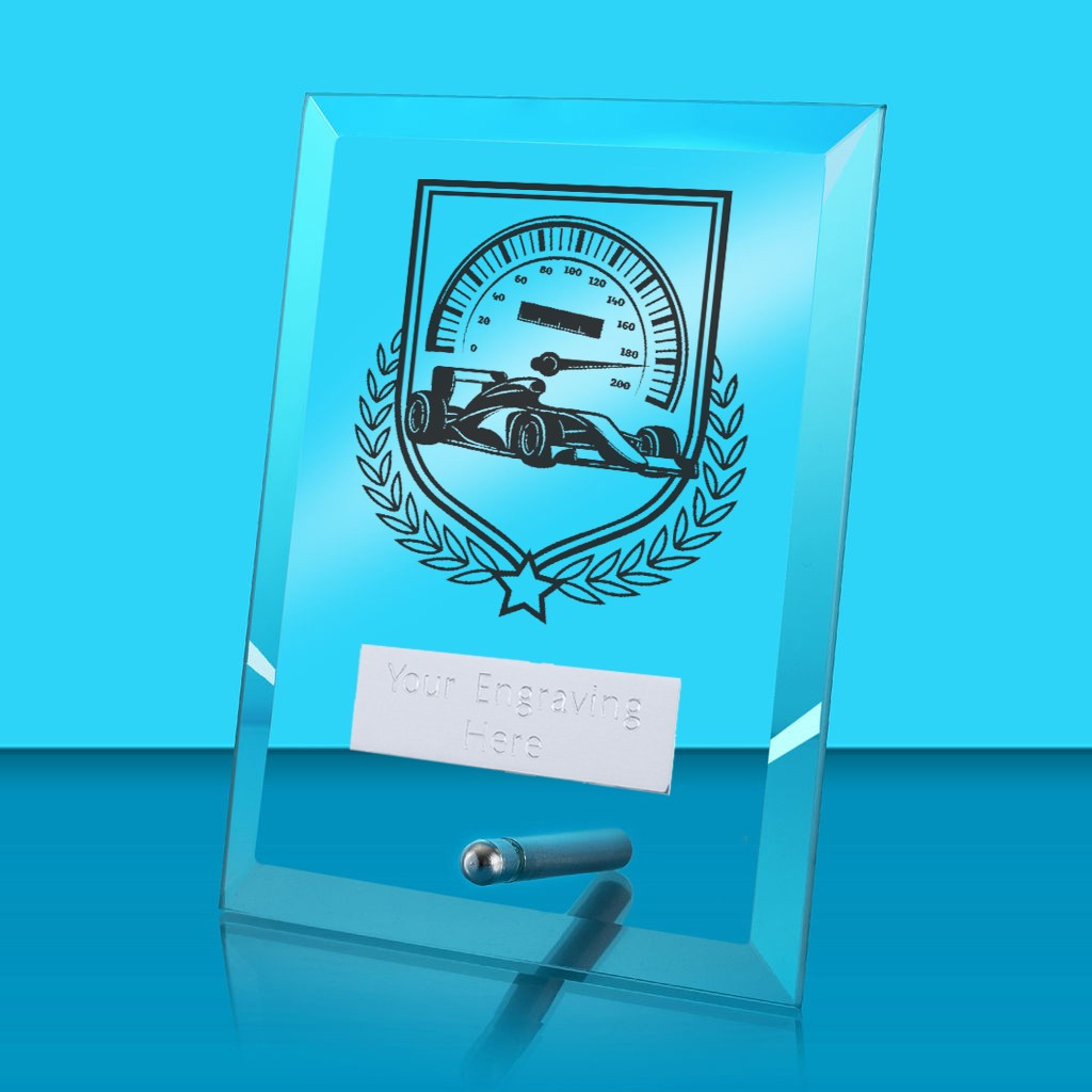 UV Colour Printed Motorsport Glass Rectangle Award with Metal Pin