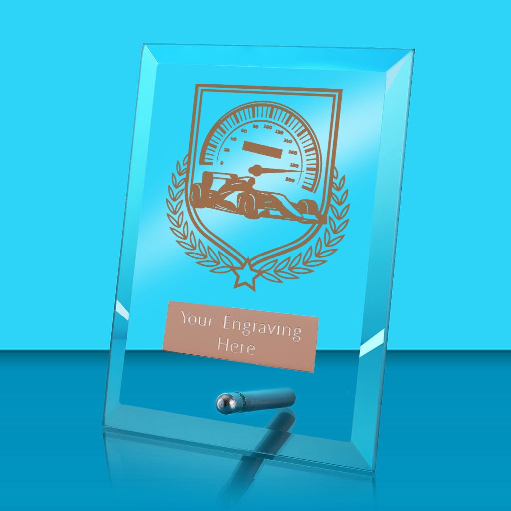 UV Colour Printed Motorsport Glass Rectangle Award with Metal Pin