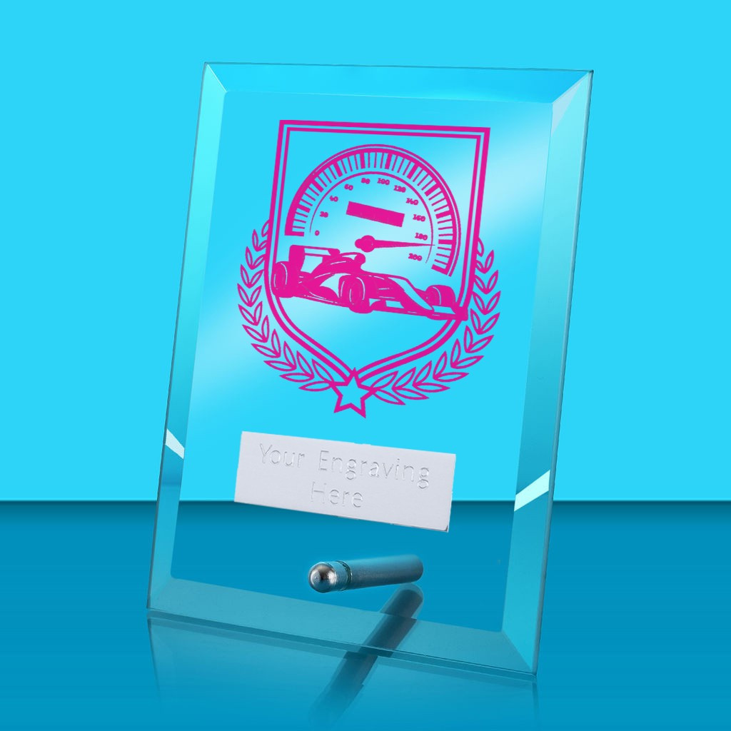UV Colour Printed Motorsport Glass Rectangle Award with Metal Pin