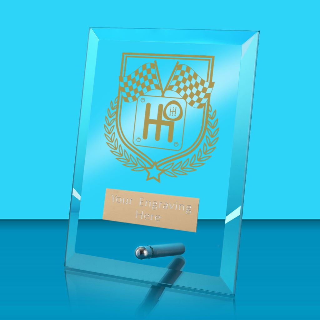 UV Colour Printed Motorsport Glass Rectangle Award with Metal Pin