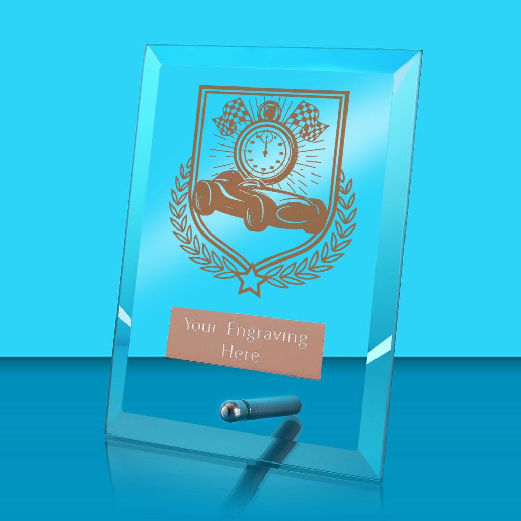 UV Colour Printed Motorsport Glass Rectangle Award with Metal Pin