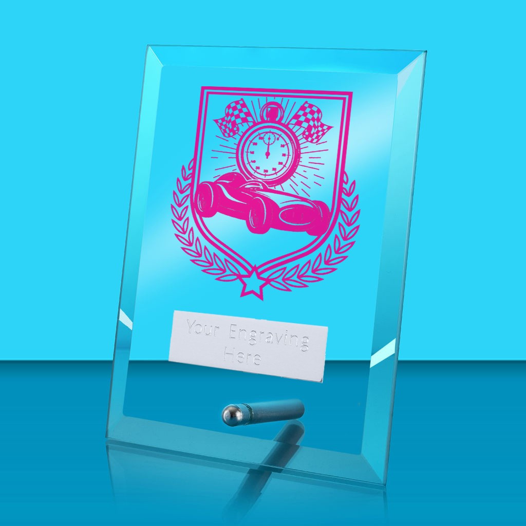 UV Colour Printed Motorsport Glass Rectangle Award with Metal Pin