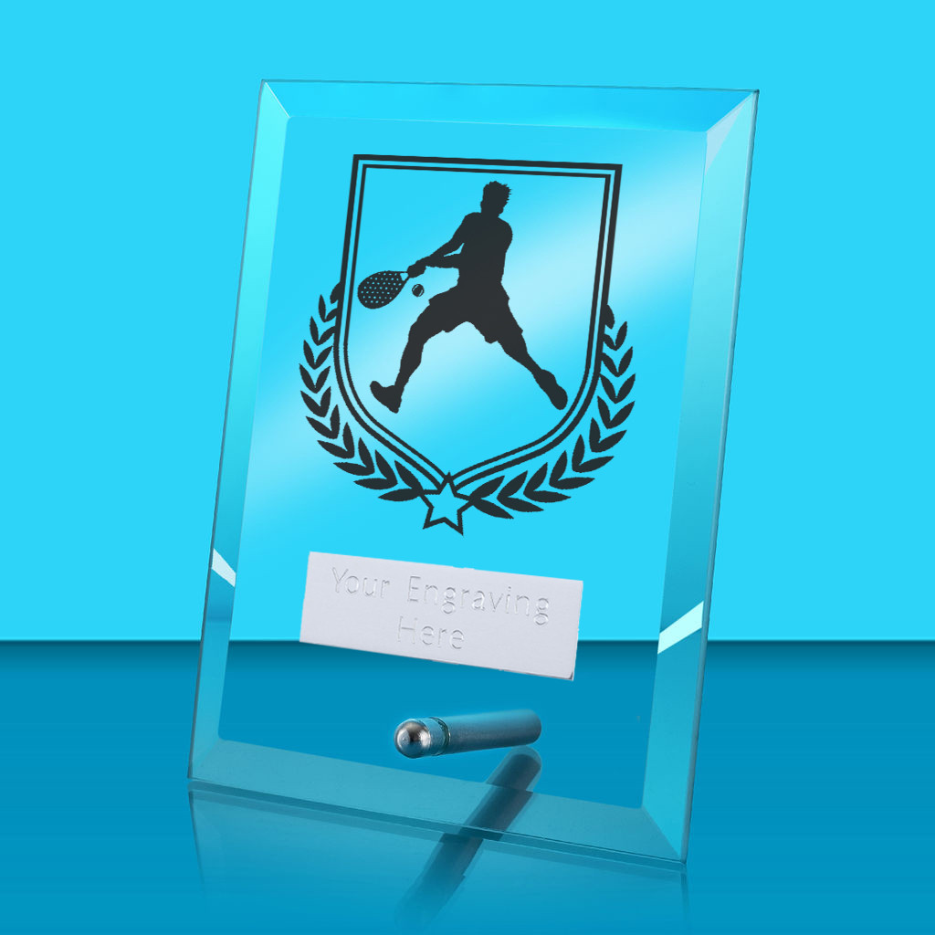 UV Colour Printed Padel Tennis Glass Rectangle Award with Metal Pin