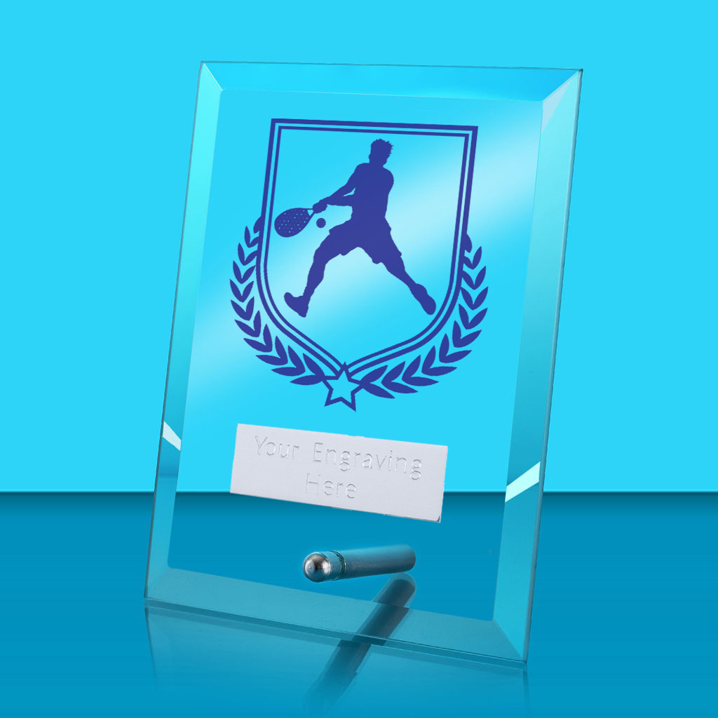 UV Colour Printed Padel Tennis Glass Rectangle Award with Metal Pin