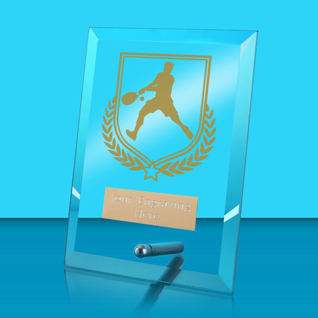 UV Colour Printed Padel Tennis Glass Rectangle Award with Metal Pin