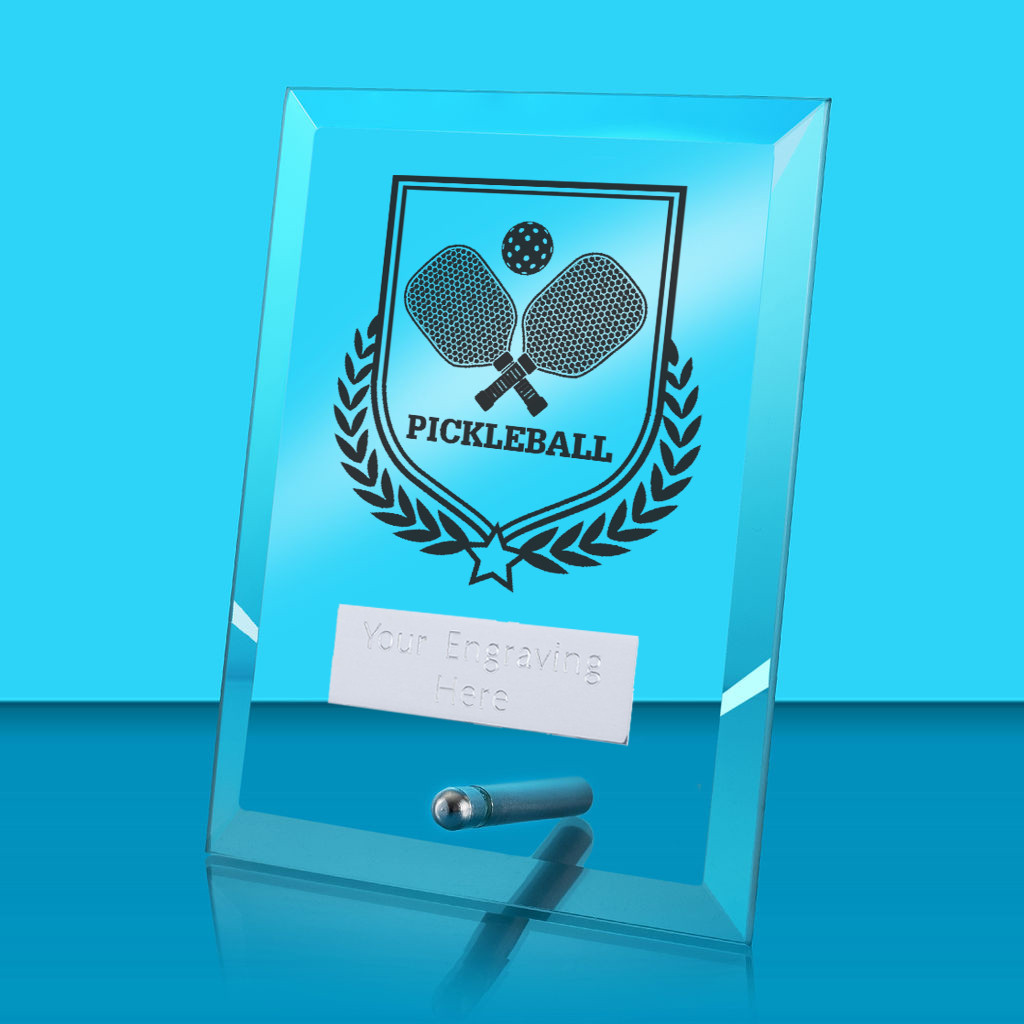 UV Colour Printed Pickleball Glass Rectangle Award with Metal Pin