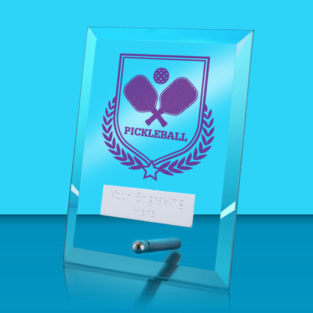 UV Colour Printed Pickleball Glass Rectangle Award with Metal Pin
