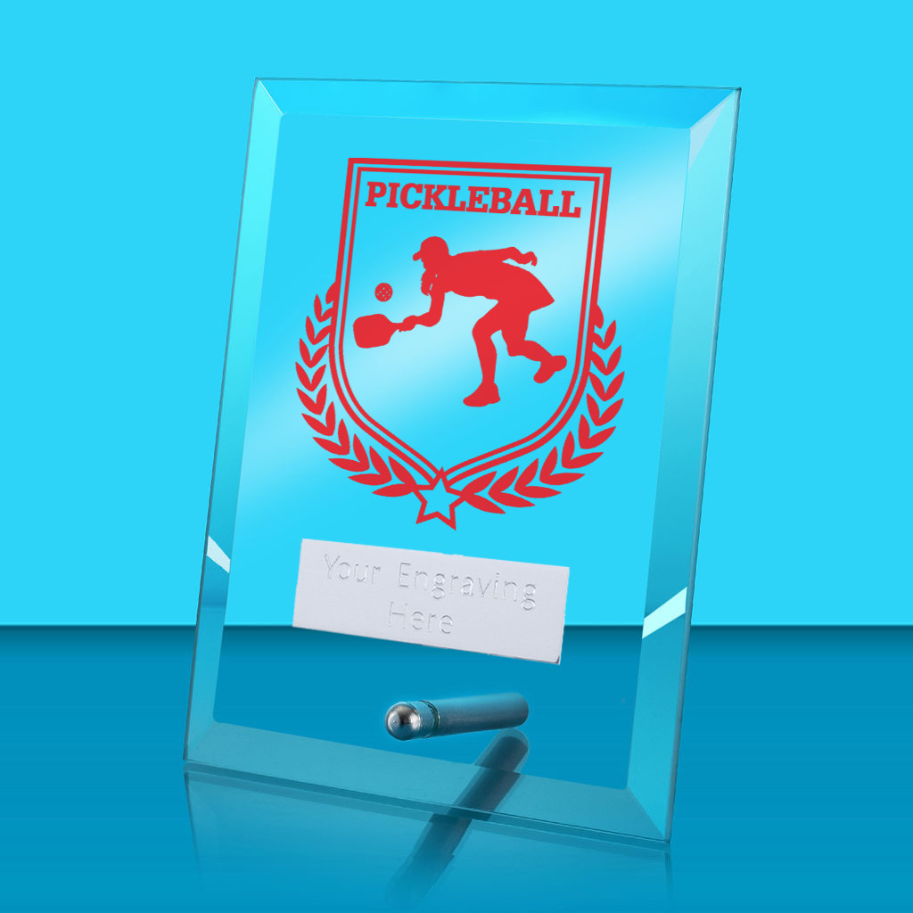 UV Colour Printed Pickleball Glass Rectangle Award with Metal Pin
