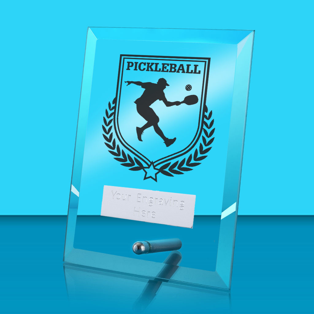 UV Colour Printed Pickleball Glass Rectangle Award with Metal Pin
