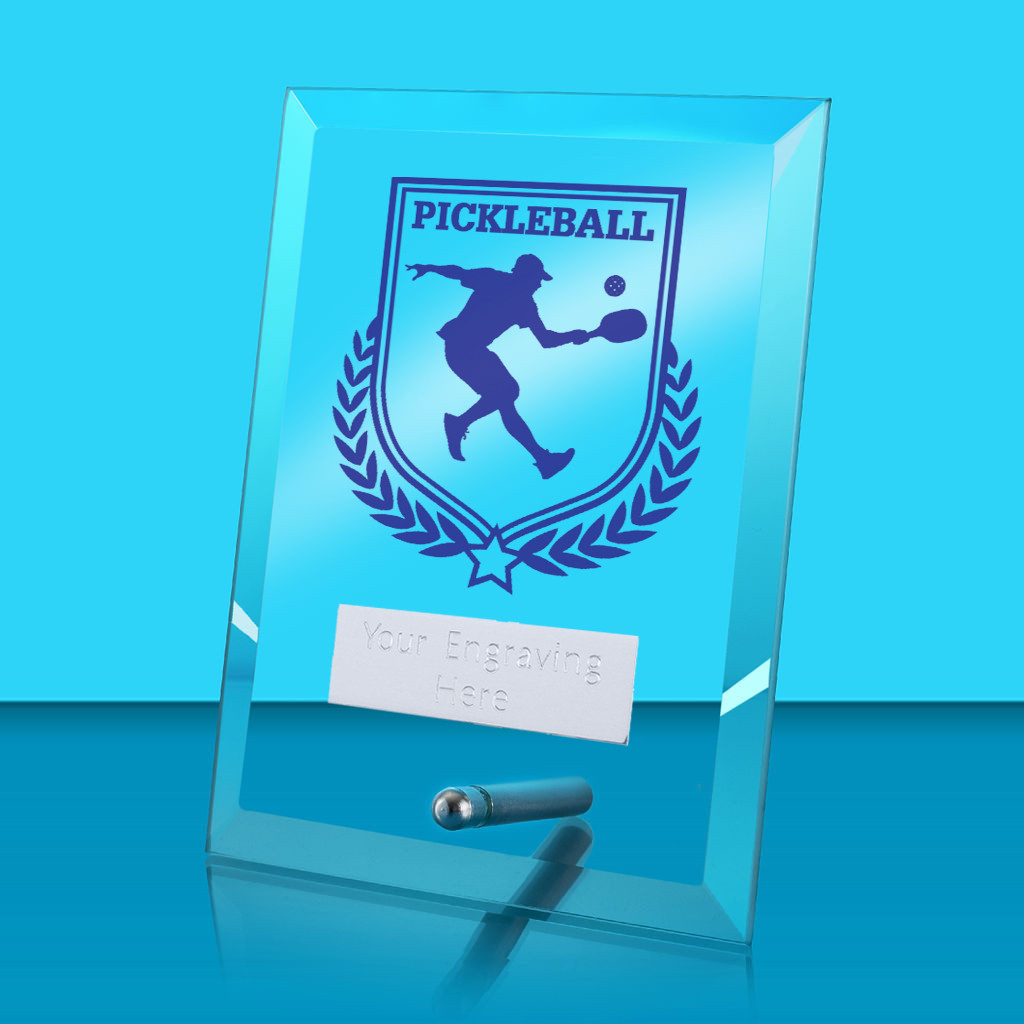 UV Colour Printed Pickleball Glass Rectangle Award with Metal Pin