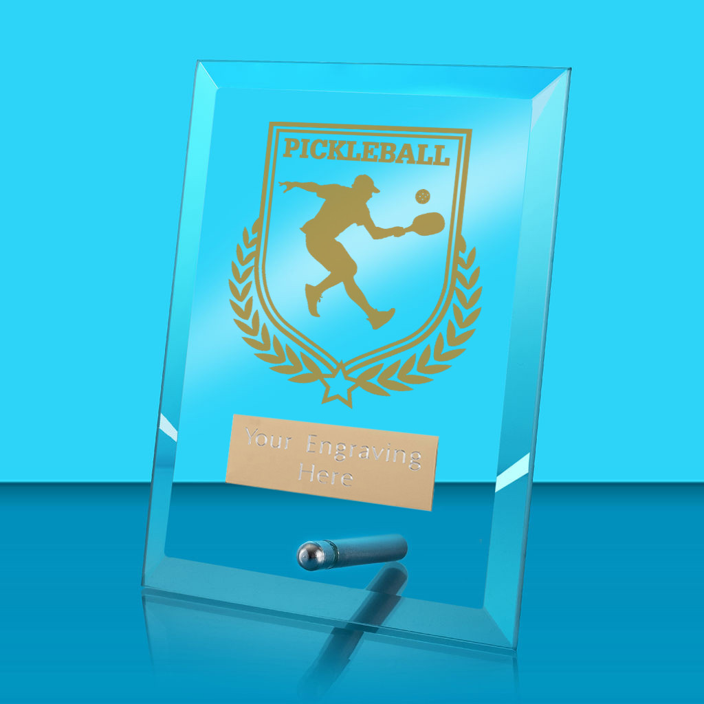 UV Colour Printed Pickleball Glass Rectangle Award with Metal Pin
