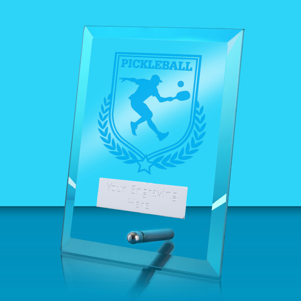 UV Colour Printed Pickleball Glass Rectangle Award with Metal Pin