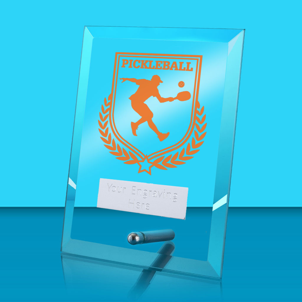 UV Colour Printed Pickleball Glass Rectangle Award with Metal Pin