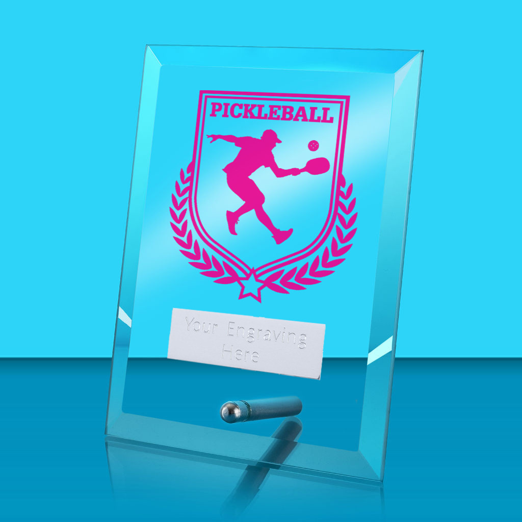 UV Colour Printed Pickleball Glass Rectangle Award with Metal Pin