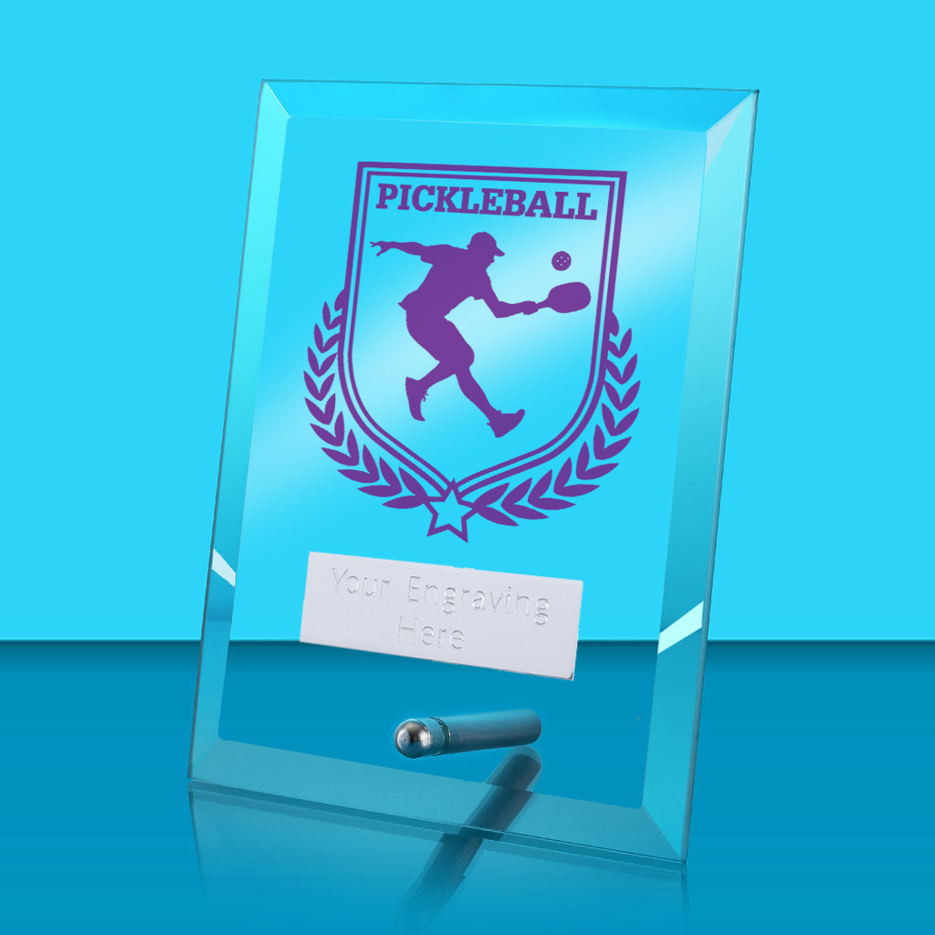 UV Colour Printed Pickleball Glass Rectangle Award with Metal Pin