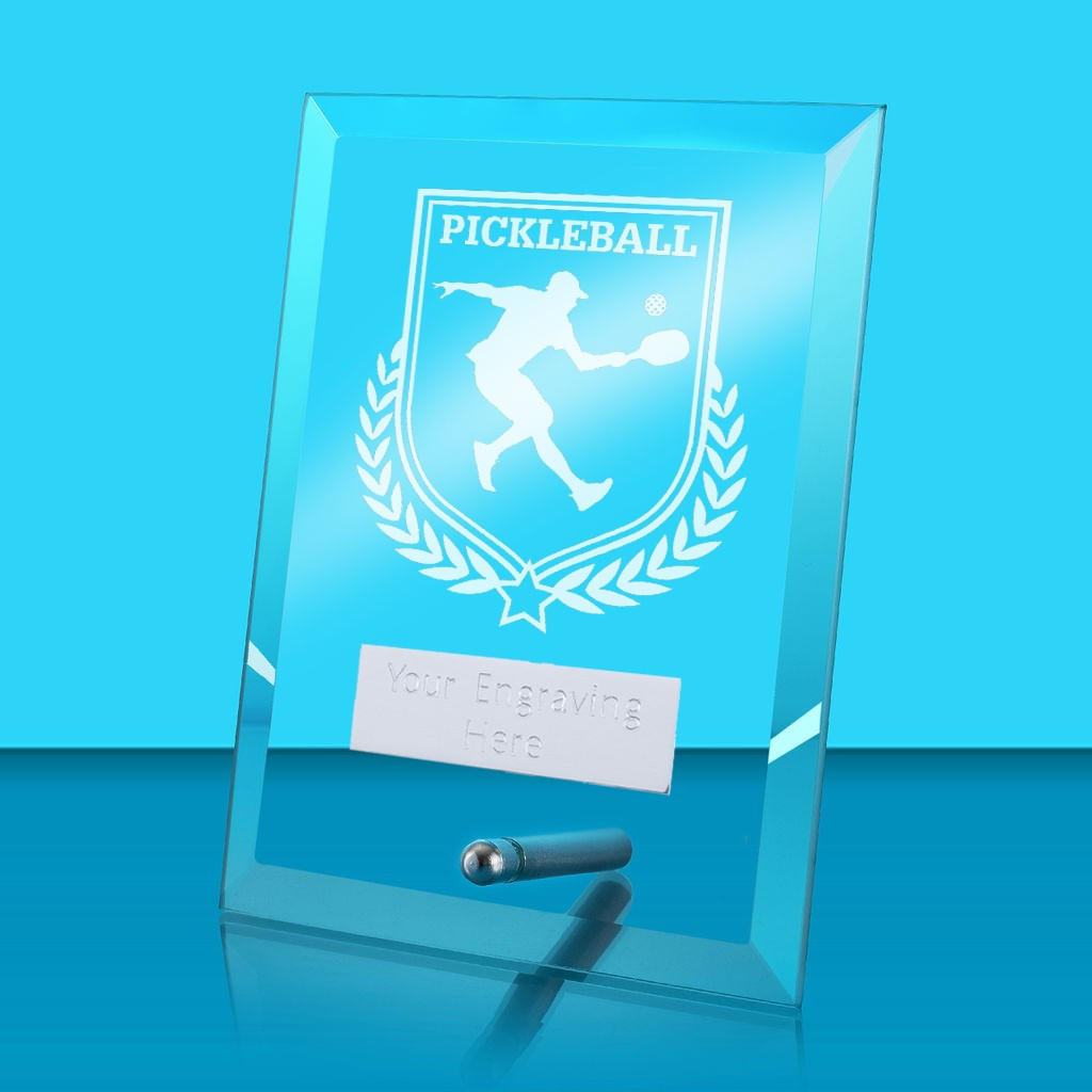 UV Colour Printed Pickleball Glass Rectangle Award with Metal Pin