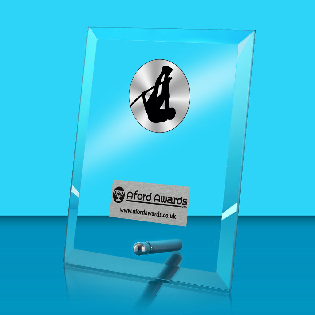 Pole Vault Glass Rectangle Award with Metal Pin