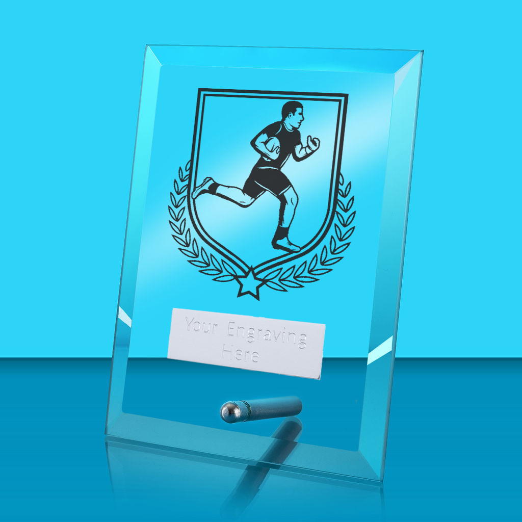 UV Colour Printed Rugby Glass Rectangle Award with Metal Pin