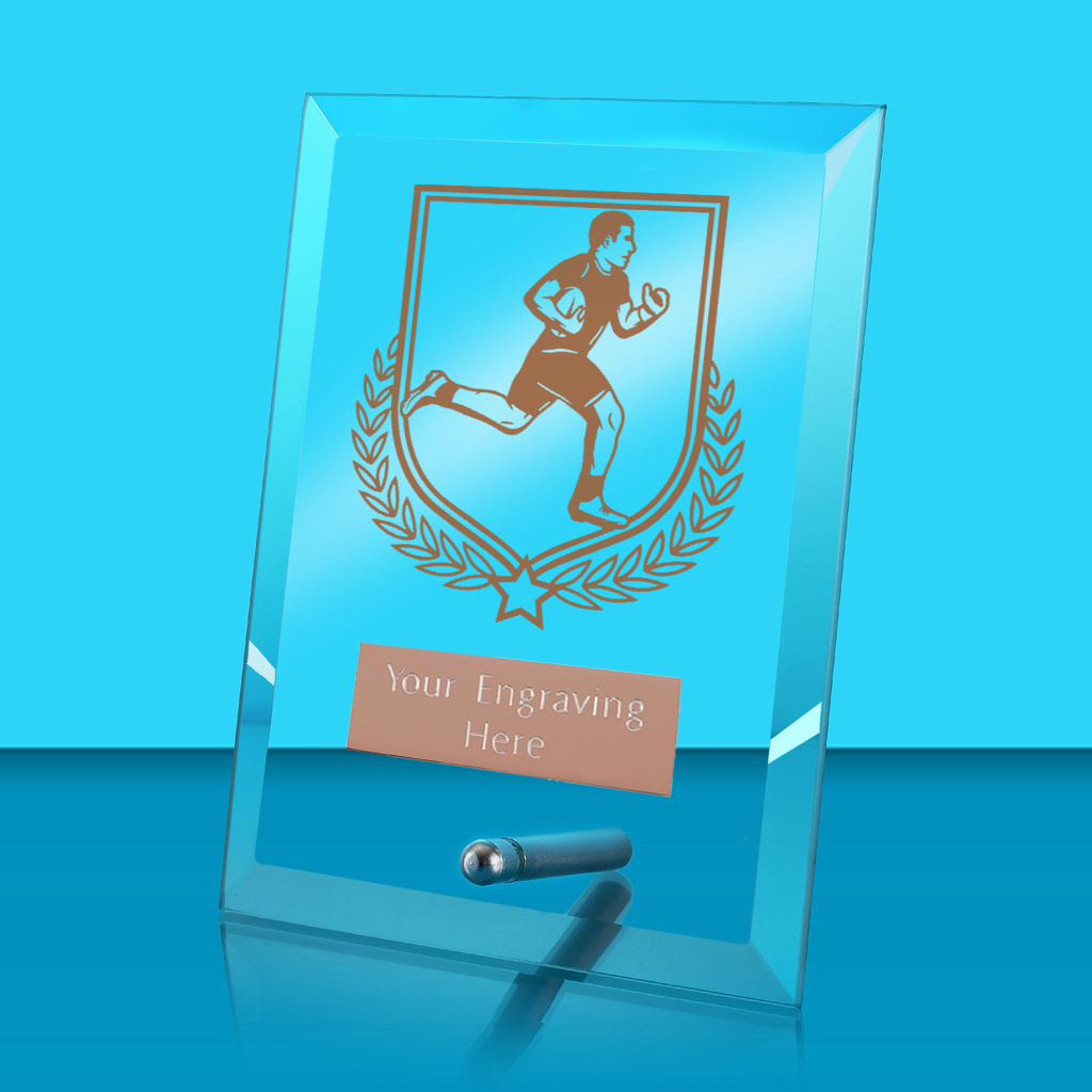 UV Colour Printed Rugby Glass Rectangle Award with Metal Pin