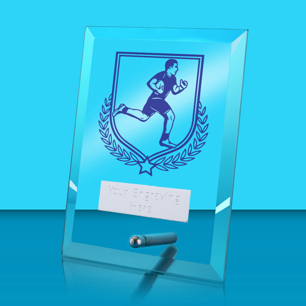 UV Colour Printed Rugby Glass Rectangle Award with Metal Pin