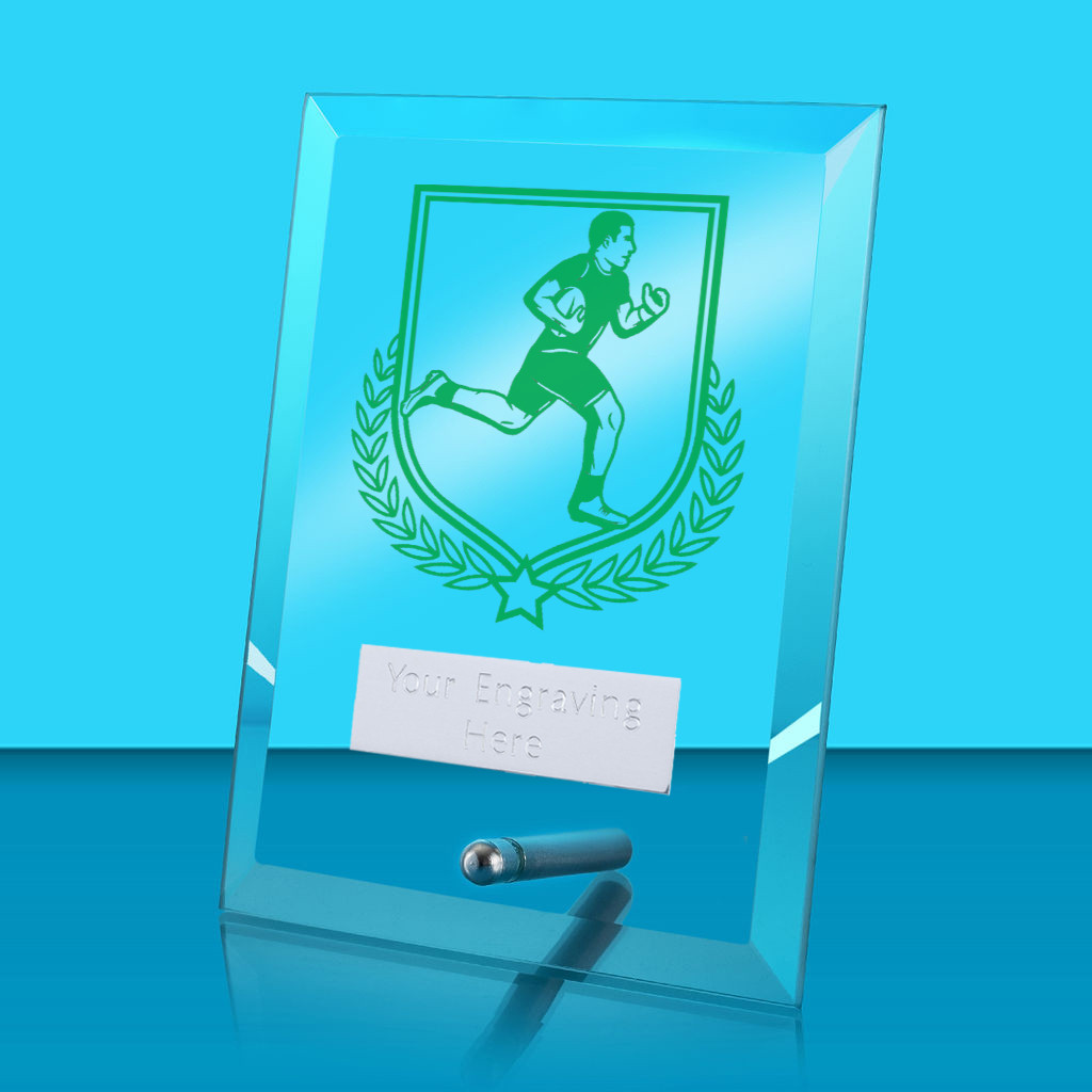 UV Colour Printed Rugby Glass Rectangle Award with Metal Pin