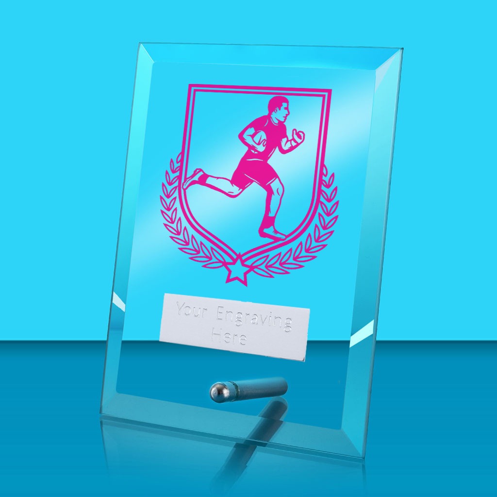 UV Colour Printed Rugby Glass Rectangle Award with Metal Pin