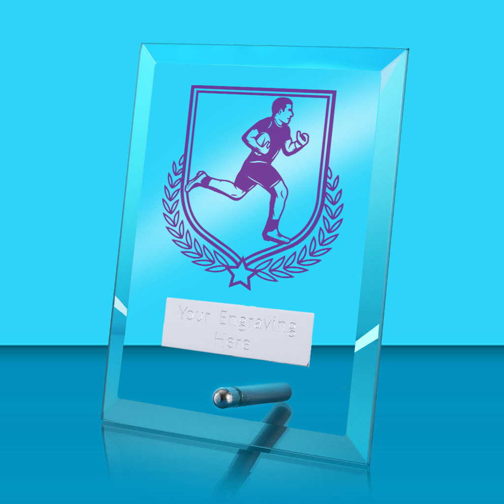UV Colour Printed Rugby Glass Rectangle Award with Metal Pin