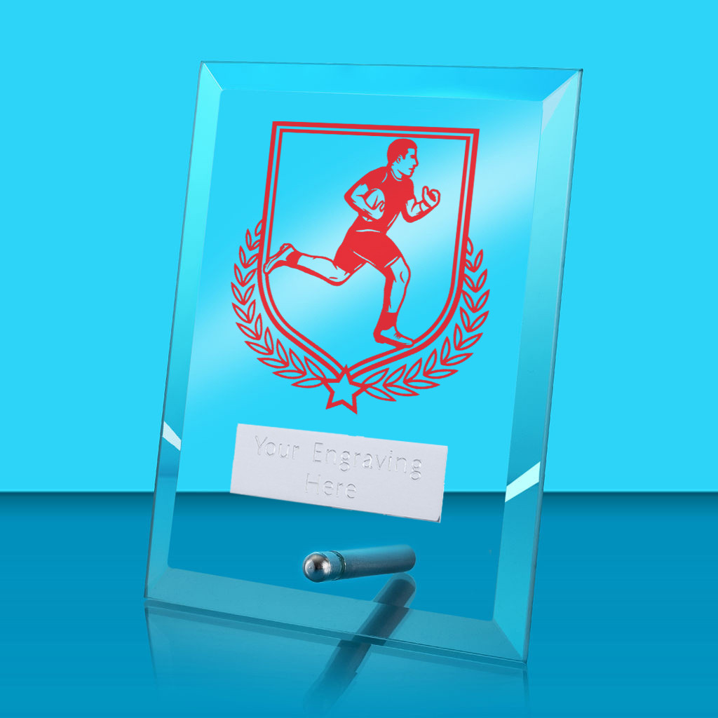 UV Colour Printed Rugby Glass Rectangle Award with Metal Pin