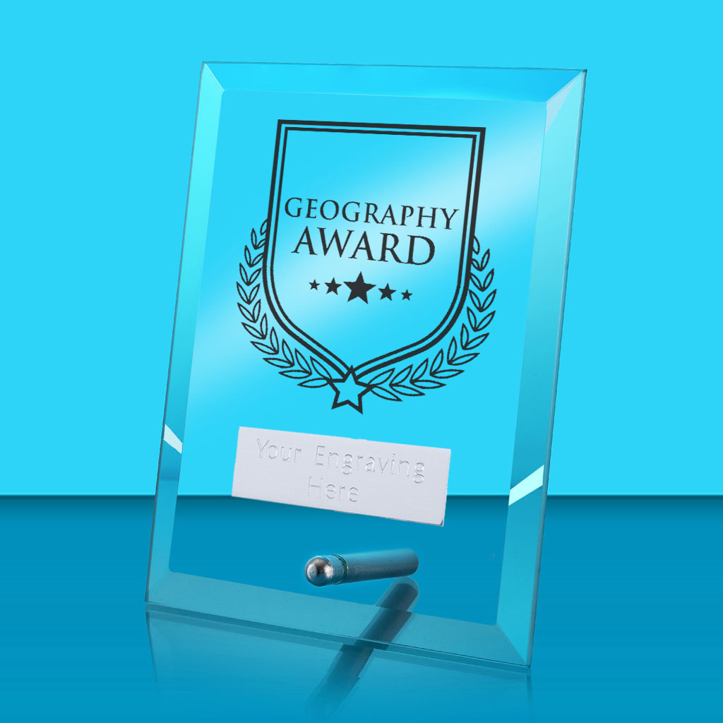 UV Colour Printed Geography Award Glass Rectangle Award with Metal Pin