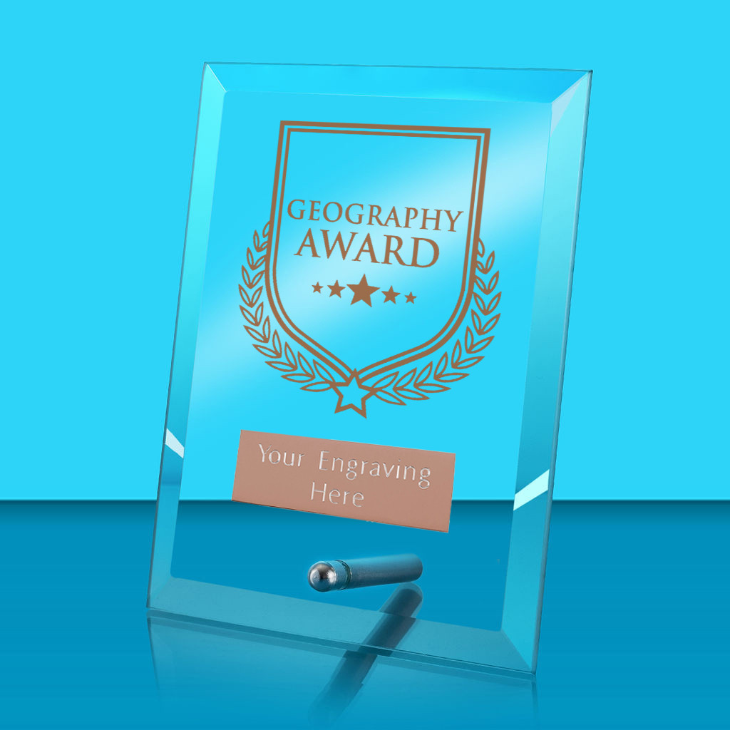 UV Colour Printed Geography Award Glass Rectangle Award with Metal Pin