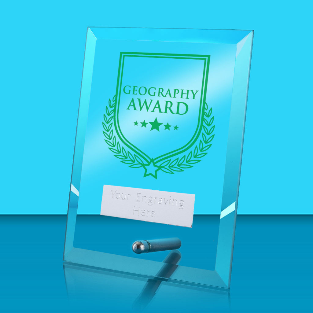 UV Colour Printed Geography Award Glass Rectangle Award with Metal Pin