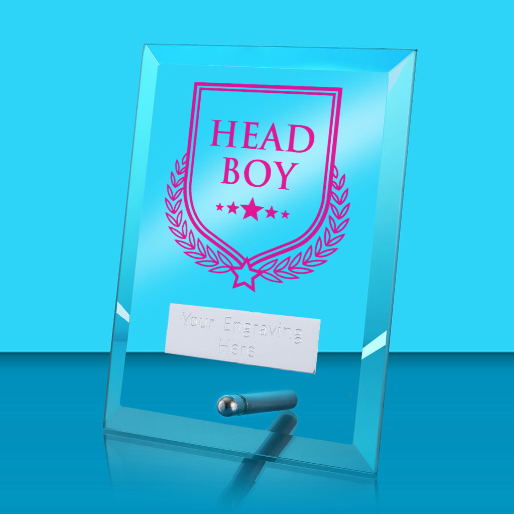 UV Colour Printed Head Boy Glass Rectangle Award with Metal Pin
