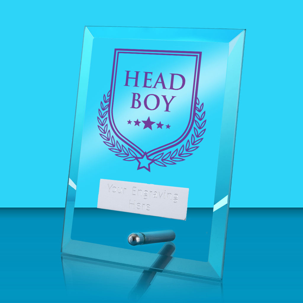 UV Colour Printed Head Boy Glass Rectangle Award with Metal Pin
