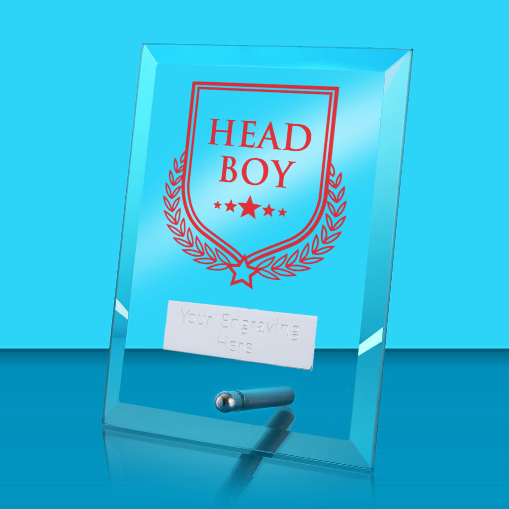 UV Colour Printed Head Boy Glass Rectangle Award with Metal Pin