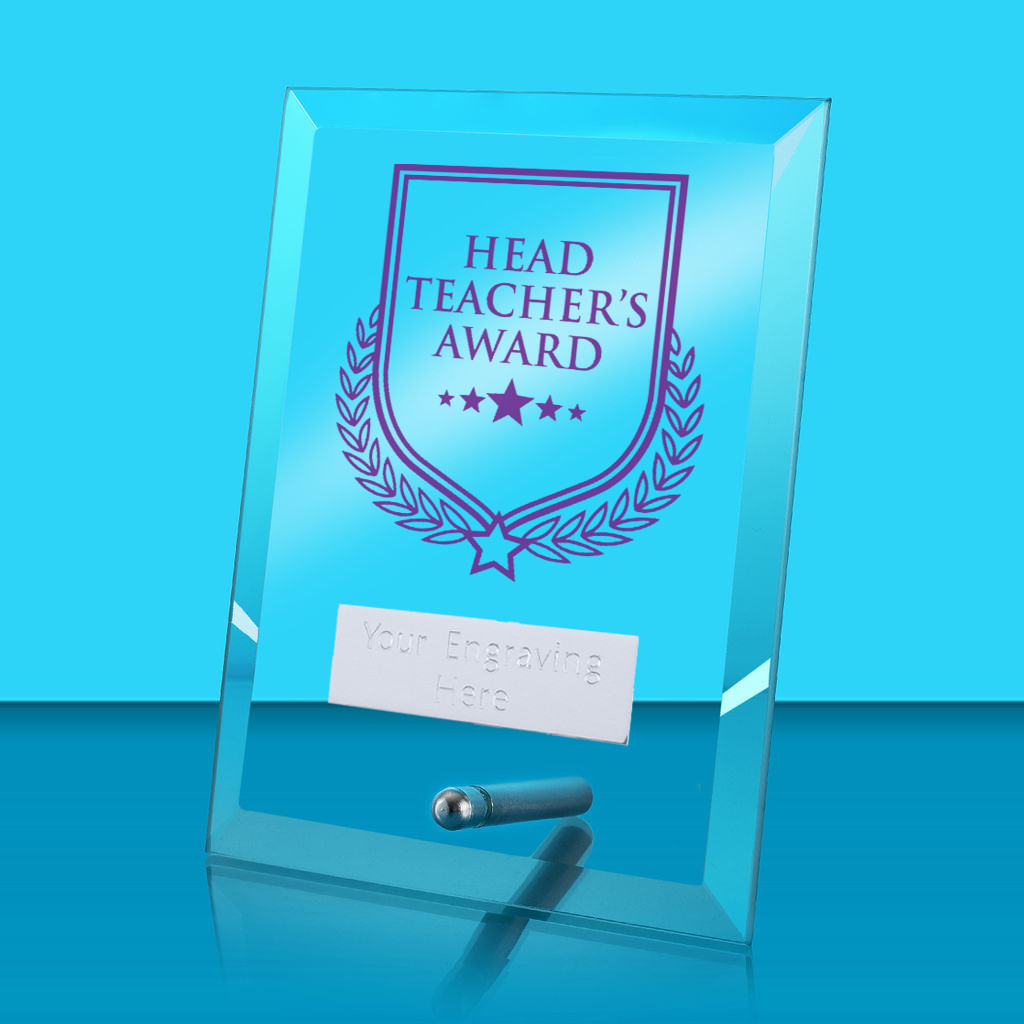UV Colour Printed Head Teacher's Award Glass Rectangle Award with Metal Pin