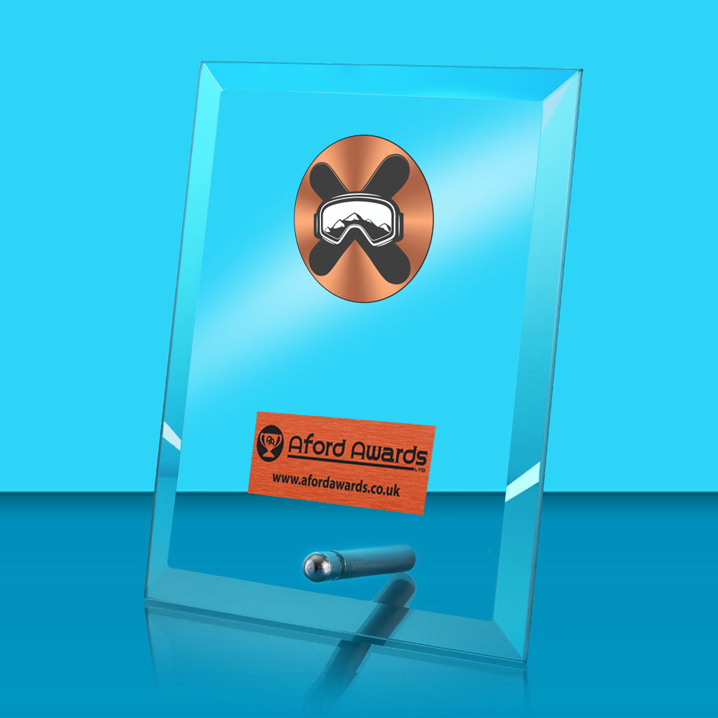 Snowboarding Glass Rectangle Award with Metal Pin
