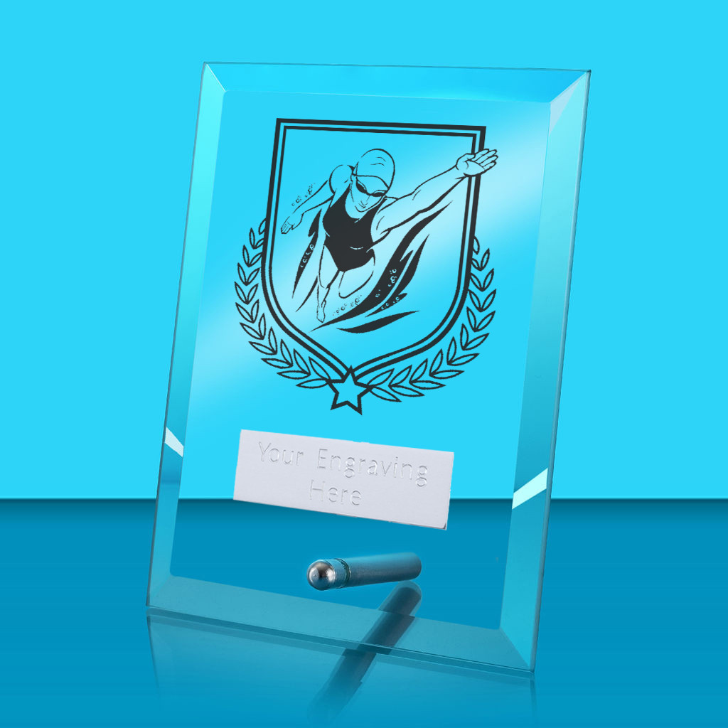 UV Colour Printed Female Swimming Glass Rectangle Award with Metal Pin
