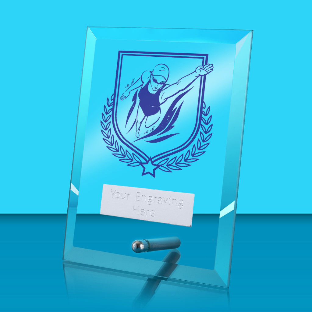 UV Colour Printed Female Swimming Glass Rectangle Award with Metal Pin