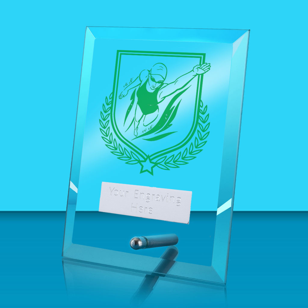 UV Colour Printed Female Swimming Glass Rectangle Award with Metal Pin
