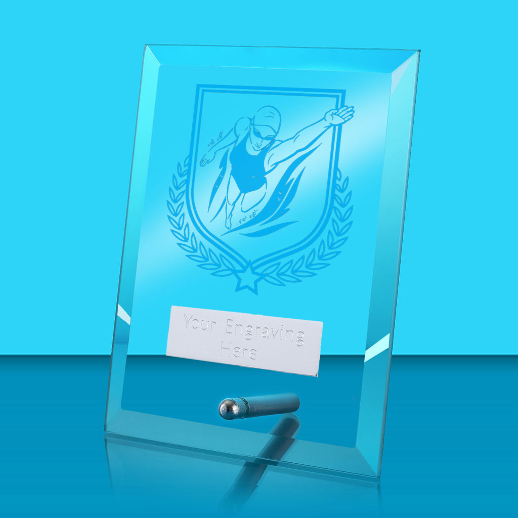 UV Colour Printed Female Swimming Glass Rectangle Award with Metal Pin