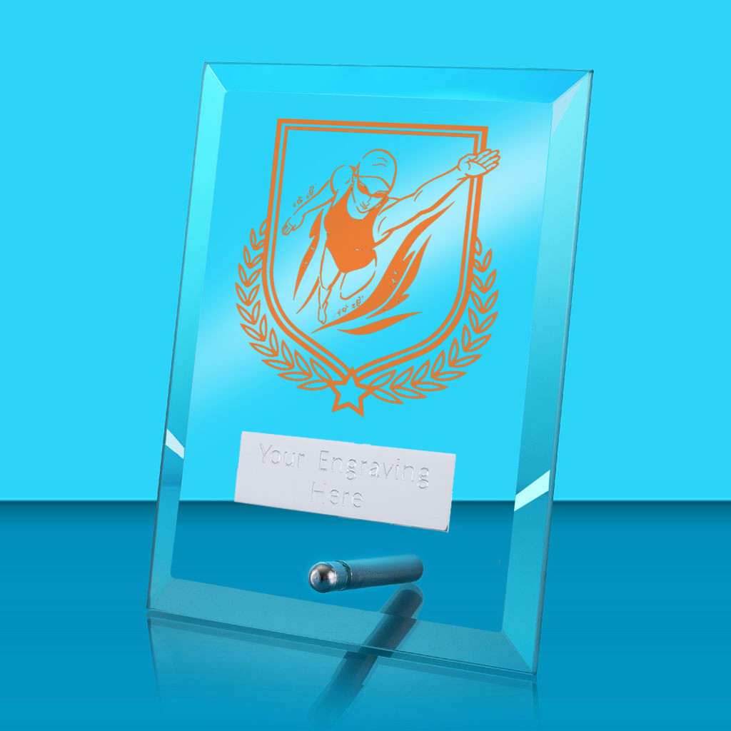 UV Colour Printed Female Swimming Glass Rectangle Award with Metal Pin